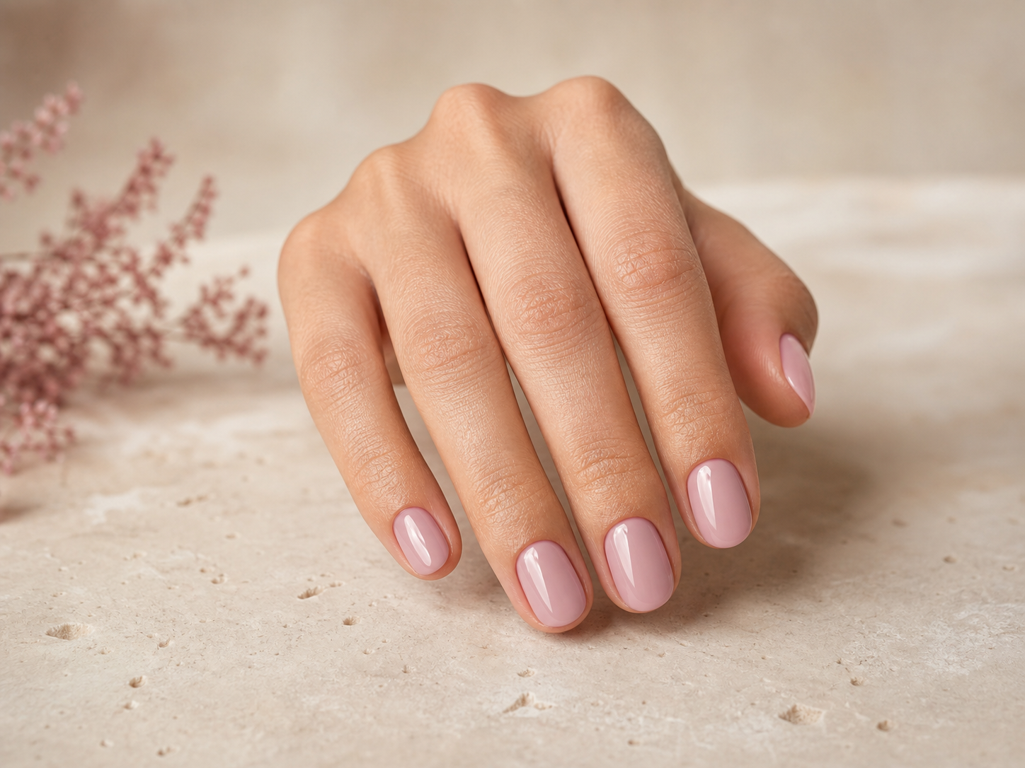 Uñas cortas con gel semipermanente rosa lechoso